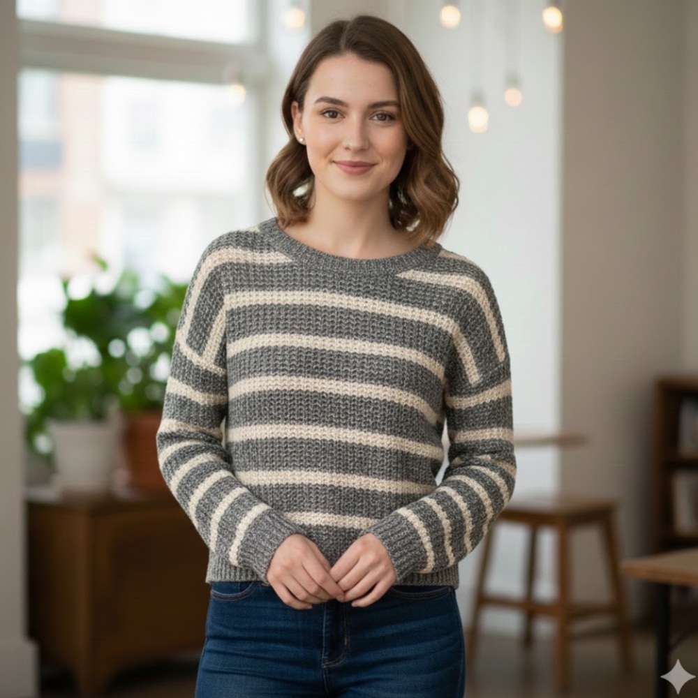 🚨4X$25🚨 Hollister Gray and Beige Striped Sweater